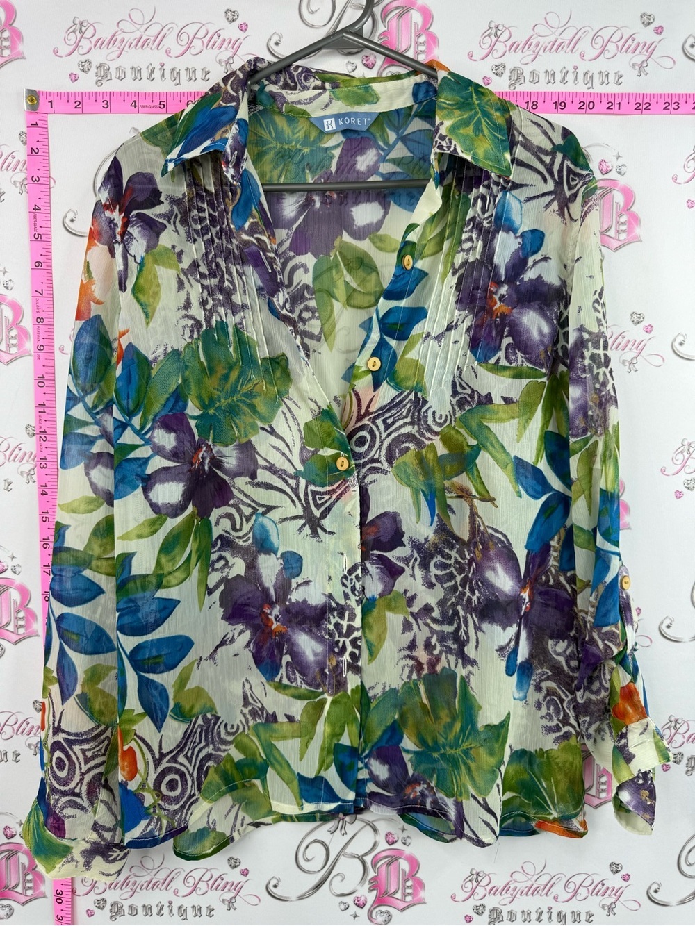 Koret button up long sleeve Sheer Floral Button-Up Blouse in Green, Blue, Purple